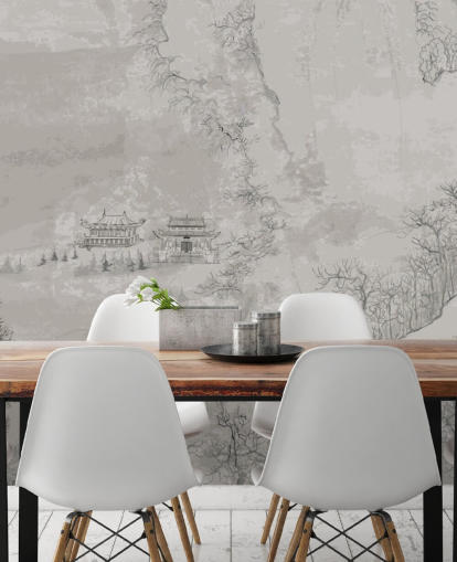 Graue orientalische Tapete namens Landscape, China für Schlafzimmer, Wohnzimmer oder Esszimmer