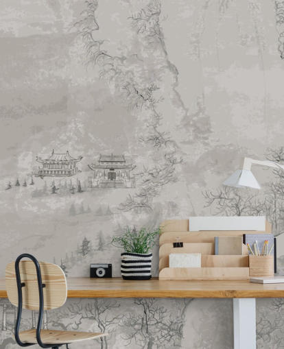 papel pintado oriental gris llamado Landscape, China para dormitorios, salas de estar o comedores