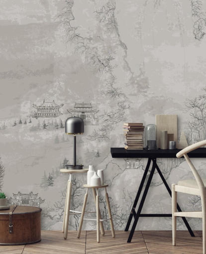 grey oriental wallpaper called Landscape, China for bedrooms, living rooms or dining rooms