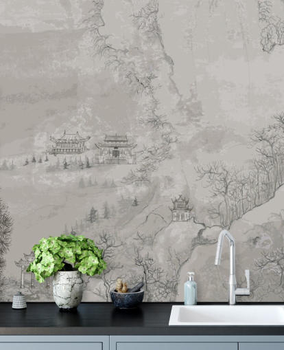grey oriental wallpaper called Landscape, China for bedrooms, living rooms or dining rooms