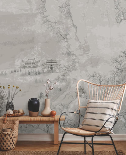 carta da parati orientale grigia chiamata Landscape, Cina per camere da letto, salotti o sale da pranzo carta da parati orientale grigia chiamata Landscape, Cina per camere da letto, salotti o sale da pranzo