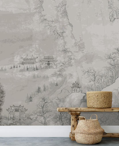 papier peint oriental gris appelé Landscape, China pour les chambres à coucher, les salons ou les salles à manger