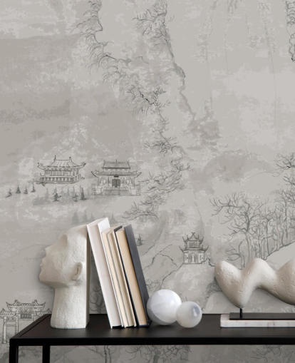 papel pintado oriental gris llamado Landscape, China para dormitorios, salas de estar o comedores