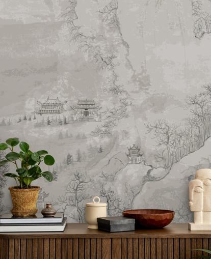 Graue orientalische Tapete namens Landscape, China für Schlafzimmer, Wohnzimmer oder Esszimmer