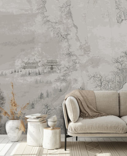 carta da parati orientale grigia chiamata Landscape, Cina per camere da letto, salotti o sale da pranzo