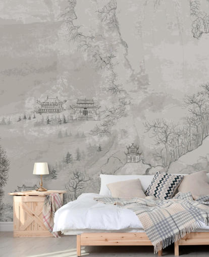 grey oriental wallpaper called Landscape, China for bedrooms, living rooms or dining rooms