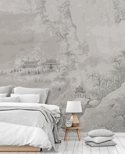 papel de parede oriental cinza chamado Landscape, China para quartos, salas de estar ou salas de jantar