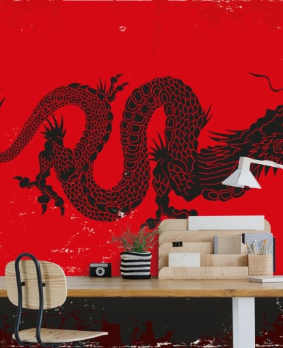 schwarze Drachenmalerei auf rotem und schwarzem Hintergrundtapete