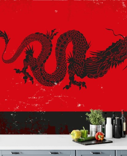 peinture dragon noir sur fond rouge et noir papier peint