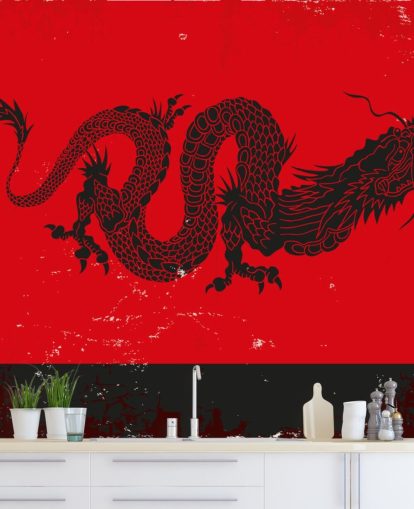 pintura de dragão preto em papel de parede de fundo vermelho e preto