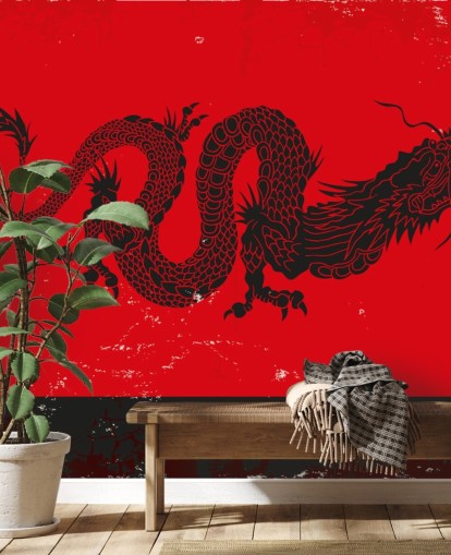 pintura de dragón negro sobre fondo rojo y negro