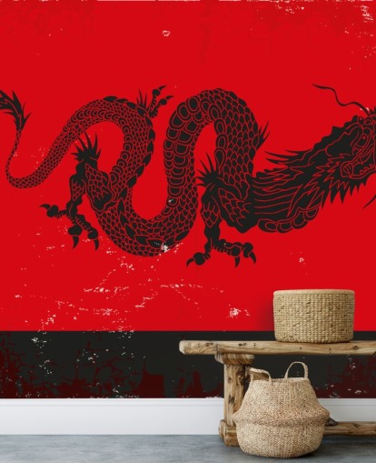 peinture dragon noir sur fond rouge et noir papier peint