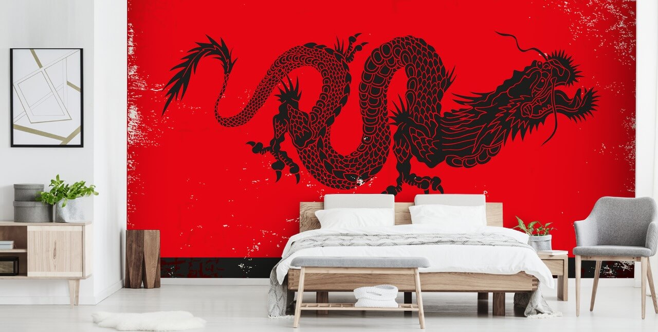 zwarte drakenschilderij op rode en zwarte achtergrond behang