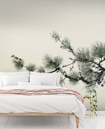 Branch with Tiny Bird Oriental Wallpaper