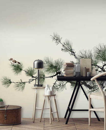 Branch with Tiny Bird Oriental Wallpaper