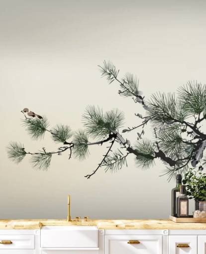 Carta da parati orientale con ramo piccolo uccello