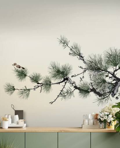 Branch with Tiny Bird Oriental Wallpaper