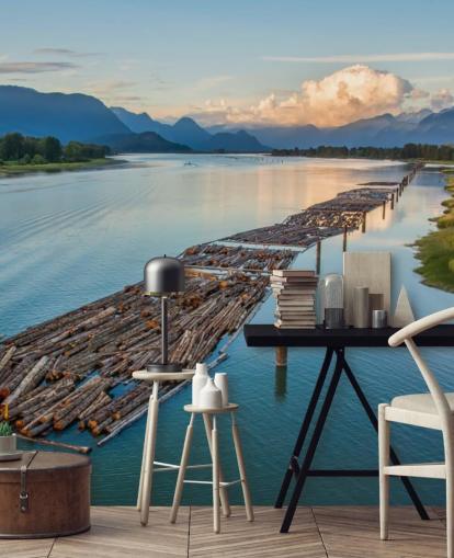 Boomstammen op de rivier River behang