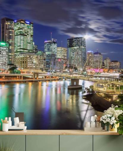 Skyline di Brisbane illuminato di notte carta da parati Skyline di Brisbane illuminato di notte carta da parati