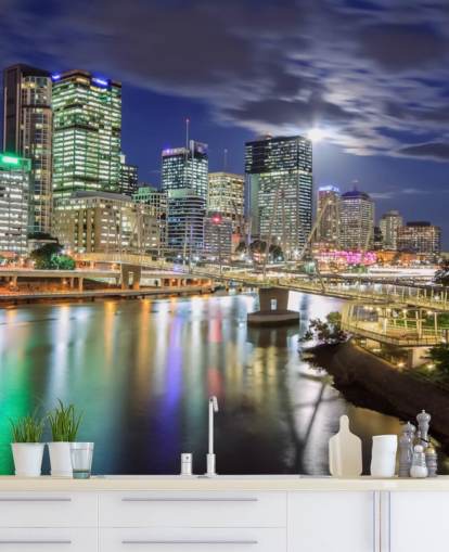 Brisbane skyline lyser upp på natten tapeter
