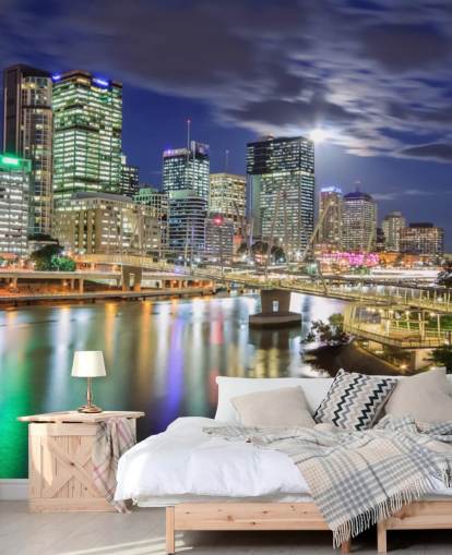 Die Skyline von Brisbane leuchtete nachts auf Tapete
