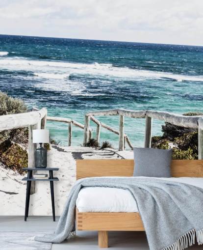 path down to white sanded beach and clear blue waters wallpaper