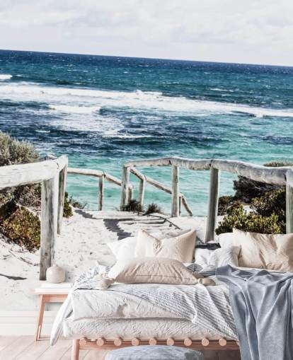 path down to white sanded beach and clear blue waters wallpaper