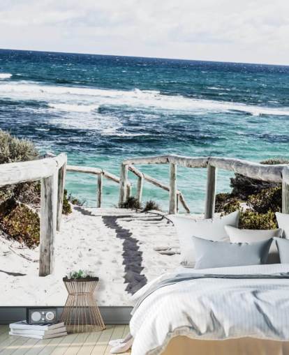 path down to white sanded beach and clear blue waters wallpaper