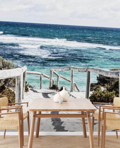 caminho até a praia de areia branca e águas azuis claras papel de parede