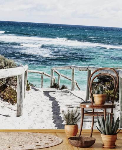 percorso verso la spiaggia di sabbia bianca e carta da parati acque cristalline