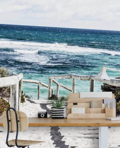 path down to white sanded beach and clear blue waters wallpaper