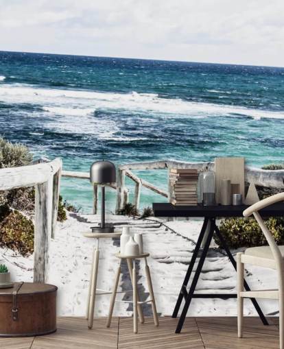 sti ned til hvit slipt strand og klart blått vann tapet