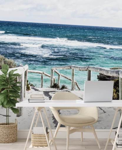 camino a la playa de arena blanca y fondo de pantalla de aguas azules claras