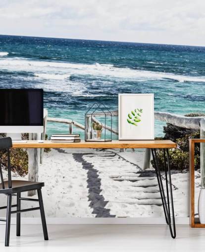 path down to white sanded beach and clear blue waters wallpaper