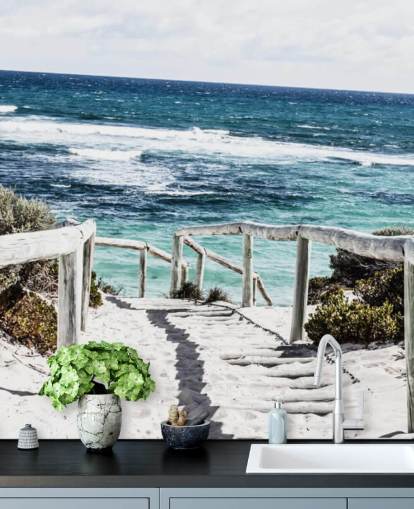 path down to white sanded beach and clear blue waters wallpaper