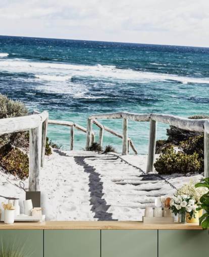 path down to white sanded beach and clear blue waters wallpaper