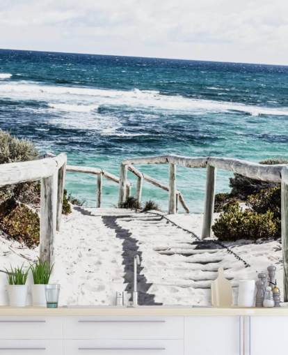 path down to white sanded beach and clear blue waters wallpaper
