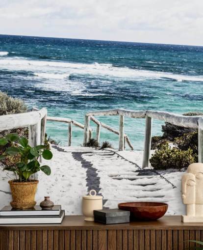 path down to white sanded beach and clear blue waters wallpaper