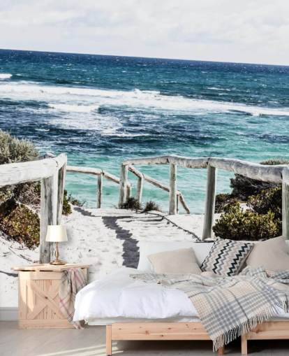 path down to white sanded beach and clear blue waters wallpaper