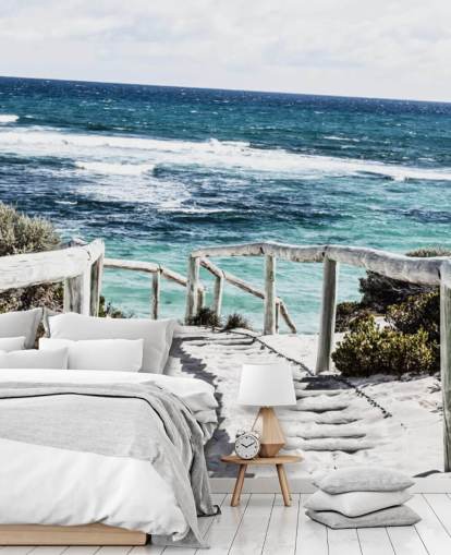 path down to white sanded beach and clear blue waters wallpaper