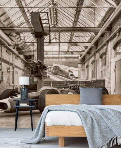 schwarz-weiße, individuell gestaltbare Vintage-Tapete mit dem Titel „Vintage-Rennwagen-Foto“ für Büros und Fitnessstudios