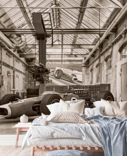 mustavalkoinen muokattava vintage-auton taustakuvamaalaus nimeltä Vintage Racing Car Photo toimistoihin ja kuntosaleihin