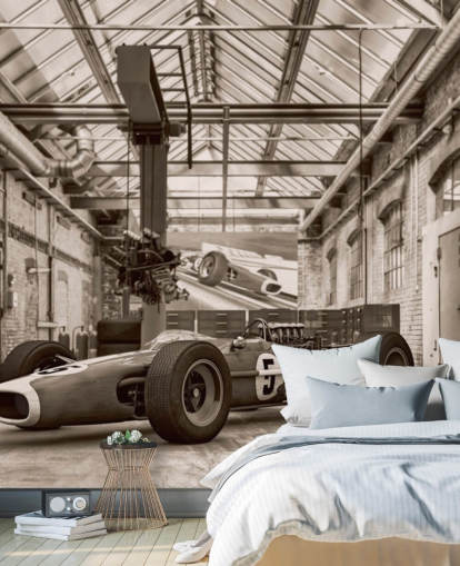 black and white customisable vintage car wallpaper mural called Vintage Racing Car Photo for offices and gyms