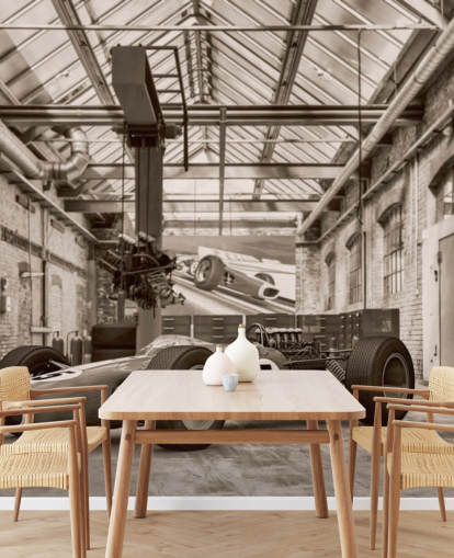 svart-hvitt tilpassbart vintage biltapet veggmaleri kalt Vintage Racing Car Photo for kontorer og treningssentre