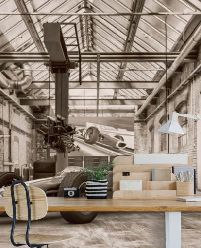 black and white customizable vintage car wallpaper mural called Vintage Racing Car Photo for offices and gyms