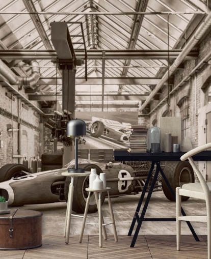 black and white customizable vintage car wallpaper mural called Vintage Racing Car Photo for offices and gyms