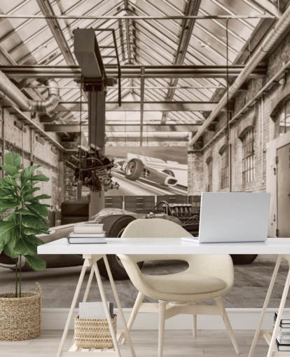 black and white customizable vintage car wallpaper mural called Vintage Racing Car Photo for offices and gyms