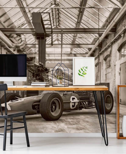 black and white customizable vintage car wallpaper mural called Vintage Racing Car Photo for offices and gyms