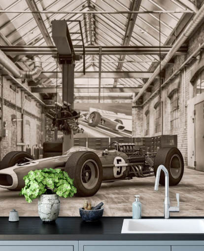 black and white customizable vintage car wallpaper mural called Vintage Racing Car Photo for offices and gyms