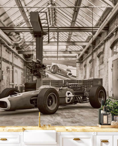 mural de papel pintado de coches antiguos personalizable en blanco y negro llamado Vintage Racing Car Photo para oficinas y gimnasios